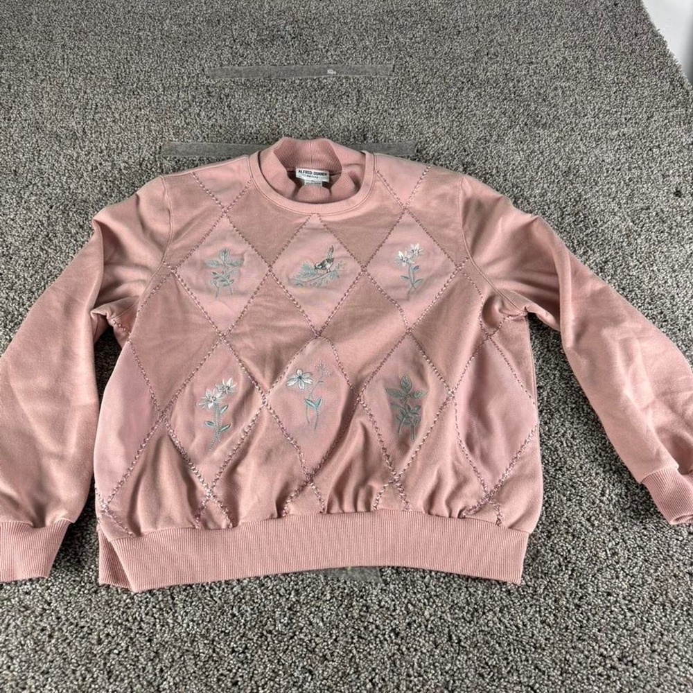 Alfred Dunner Petite Pink Embroidered Floral Bird Diamond‎ Sweatshirt PL
